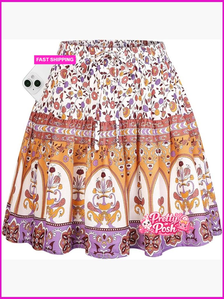 Boho Mini Skort With Pockets, Floral Skirt With Shorts, Summer Vacation Concert